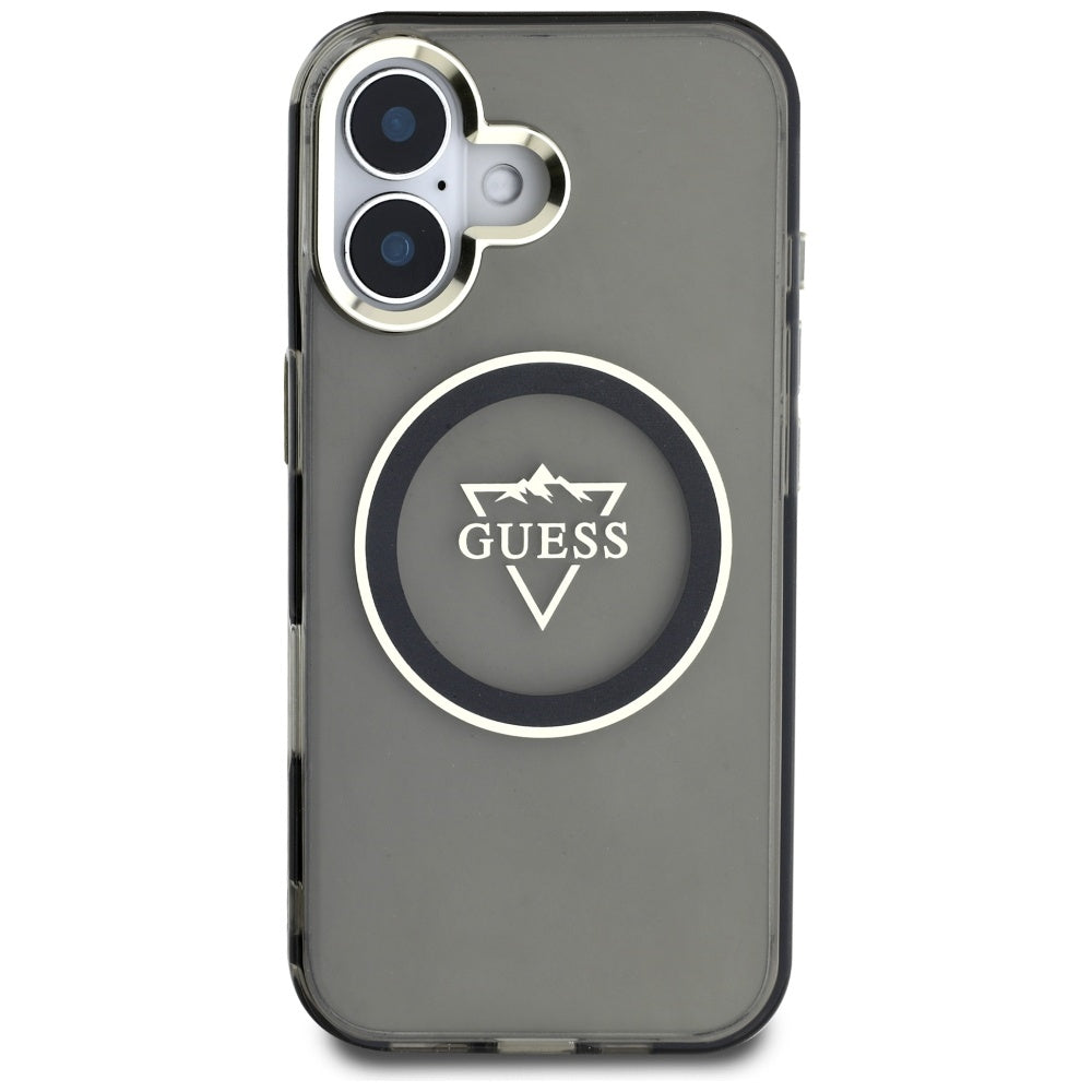 Husa MagSafe pentru Apple iPhone 16, Guess, IML Metal Mountain Logo, Neagra