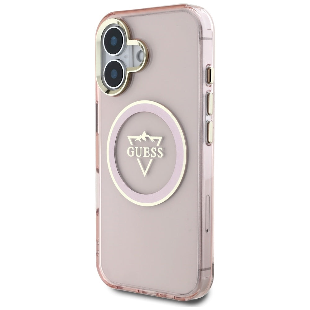 Husa MagSafe pentru Apple iPhone 16, Guess, IML Metal Mountain Logo, Roz