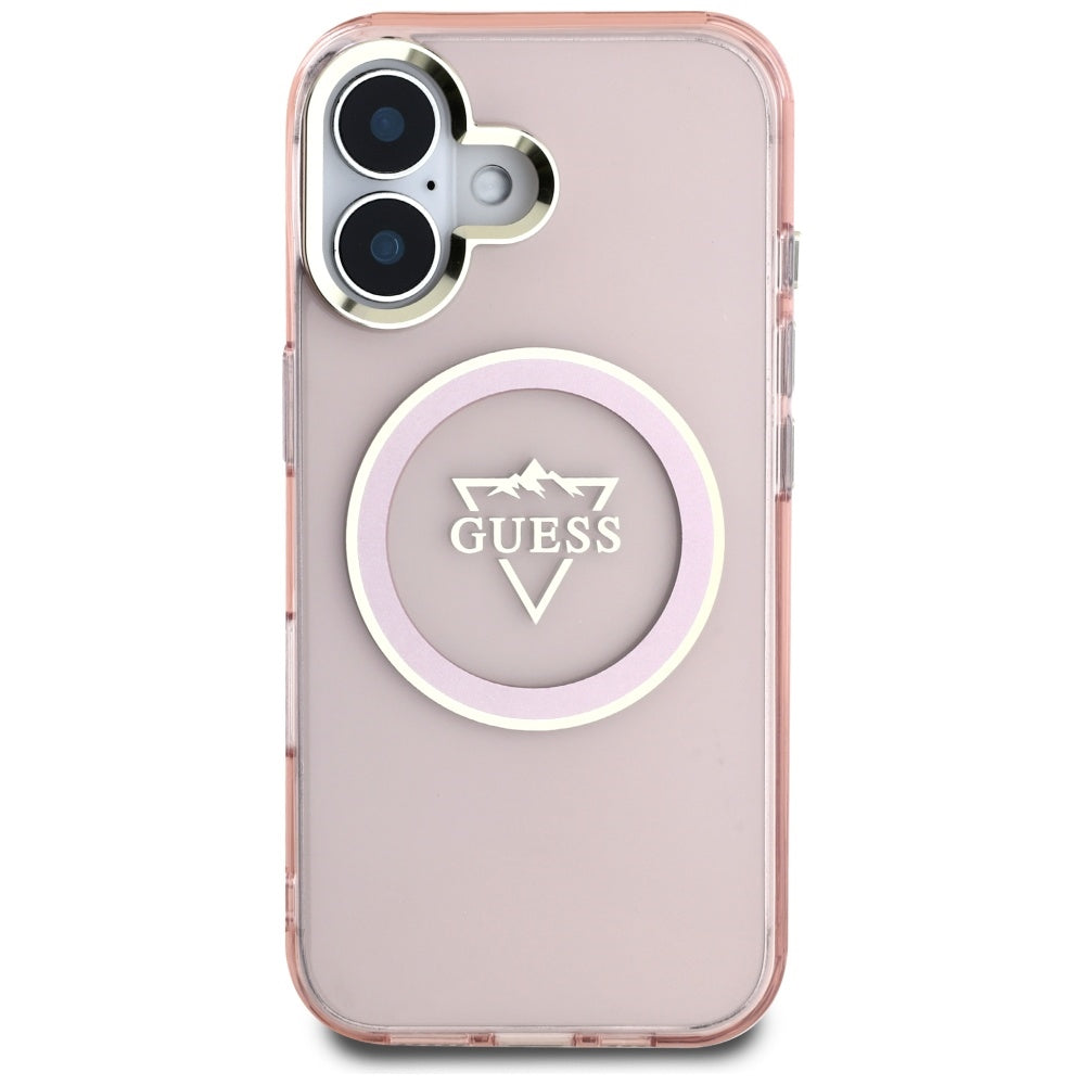 Husa MagSafe pentru Apple iPhone 16, Guess, IML Metal Mountain Logo, Roz