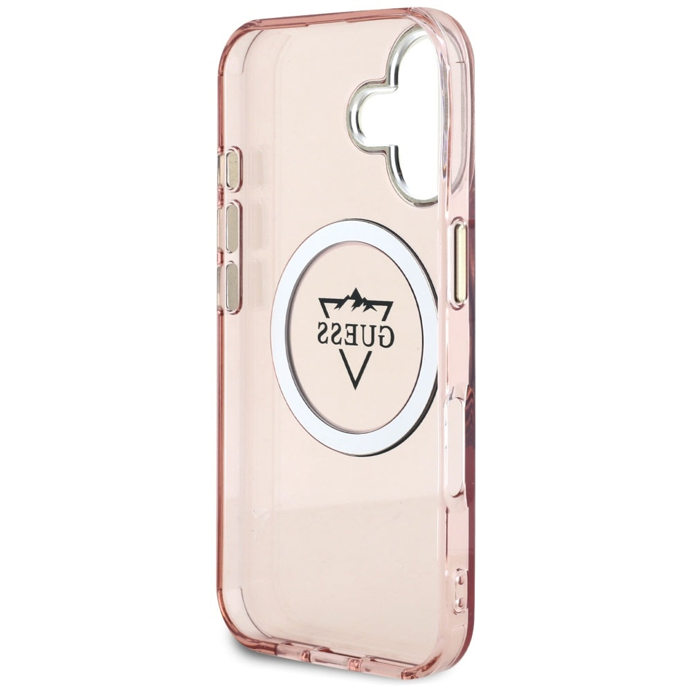 Husa MagSafe pentru Apple iPhone 16, Guess, IML Metal Mountain Logo, Roz