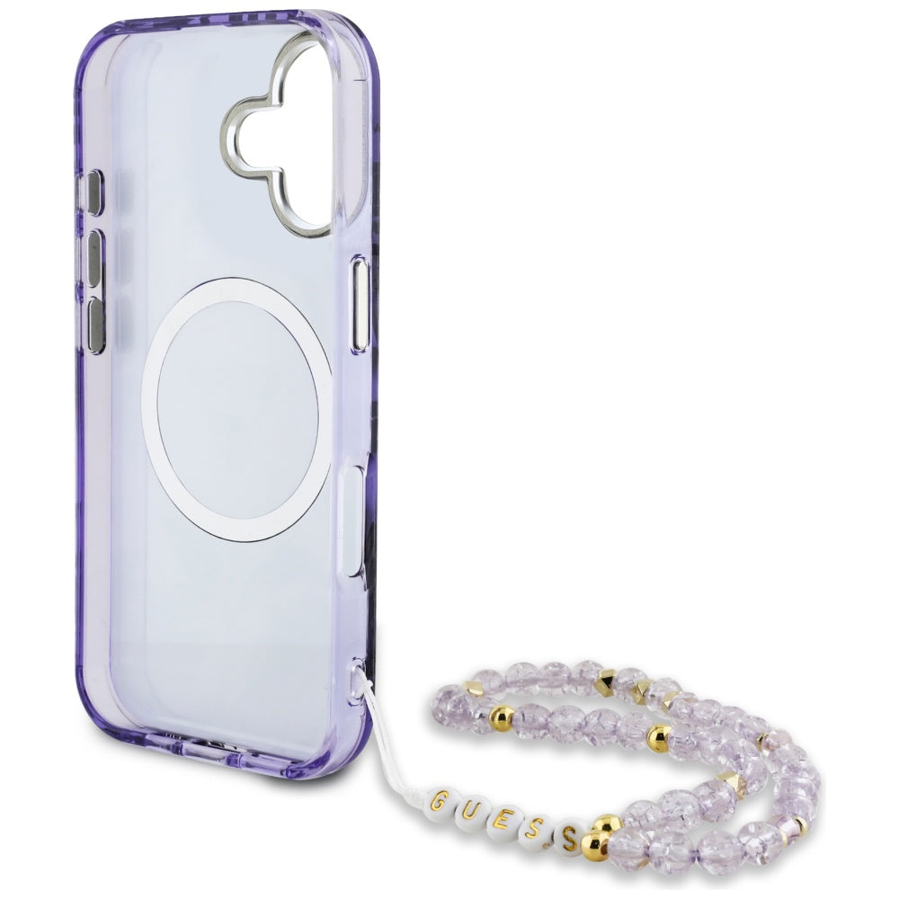 Husa MagSafe pentru Apple iPhone 16, Guess, IML Palm Trees Triangle with Pearl Strap, Mov