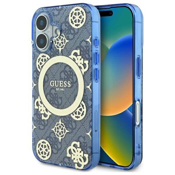 Husa MagSafe pentru Apple iPhone 16, Guess, IML Peony On 4G Background, Albastra