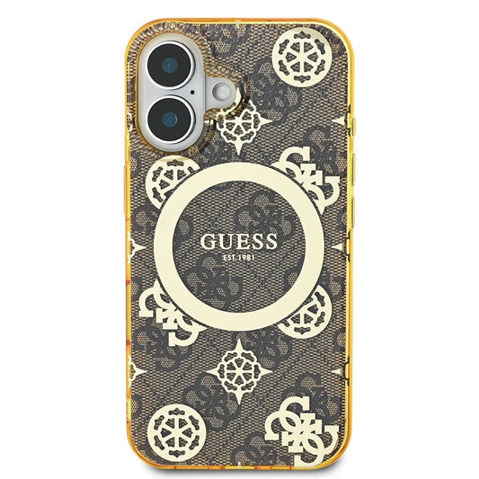 Husa MagSafe pentru Apple iPhone 16, Guess, IML Peony On 4G Background , Maro