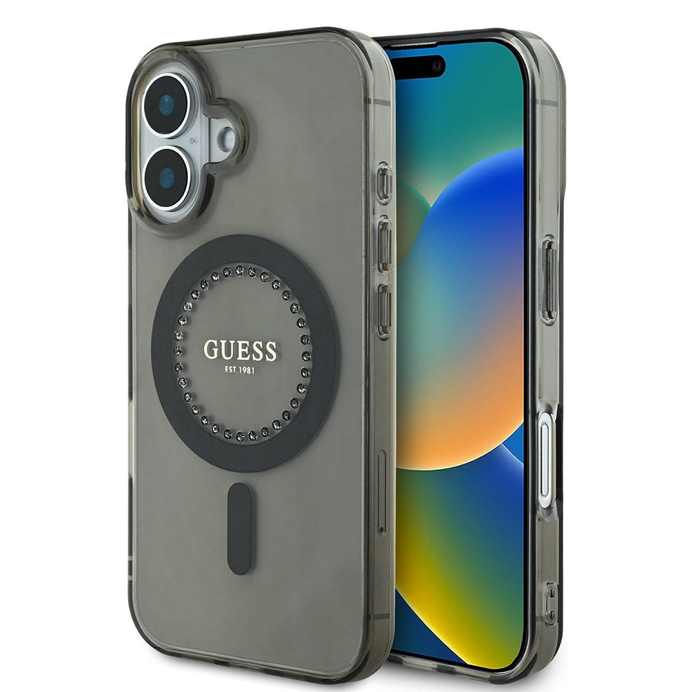 Husa MagSafe pentru Apple iPhone 16, Guess, IML Rhinestone, Neagra
