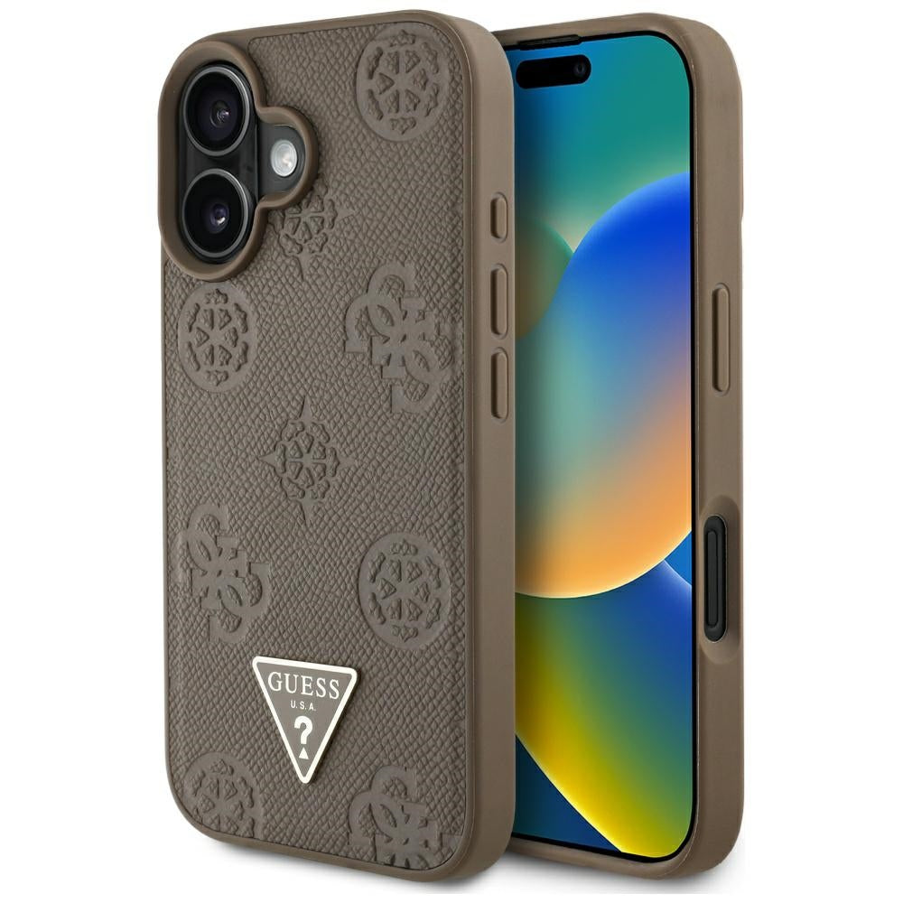 Husa MagSafe pentru Apple iPhone 16, Guess, Peony Grained Hot Stamp Triangle, Maro