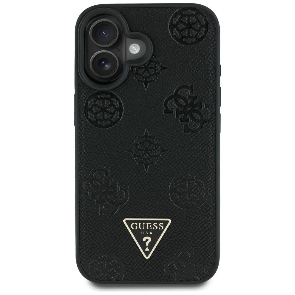 Husa MagSafe pentru Apple iPhone 16, Guess, Peony Grained Hot Stamp Triangle, Neagra