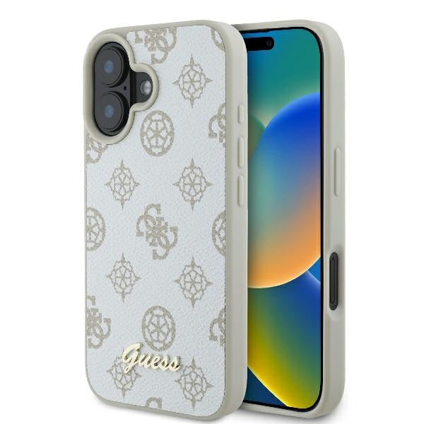 Husa MagSafe pentru Apple iPhone 16, Guess, Peony Script, Alba