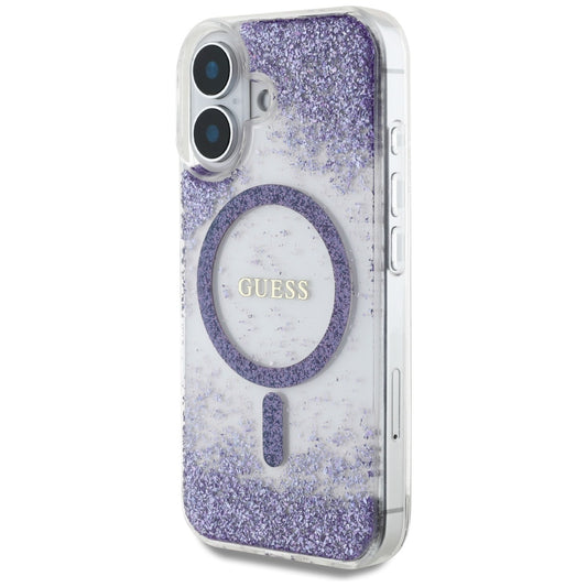Husa MagSafe pentru Apple iPhone 16, Guess, Resin Bottom Glitter, Mov