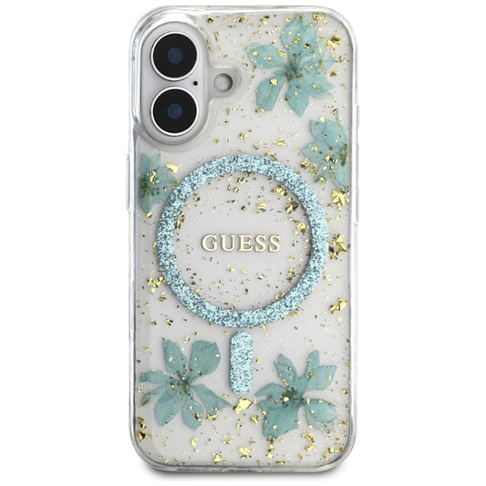 Husa MagSafe pentru Apple iPhone 16, Guess, Resin Flowers and Glitter, Turcoaz