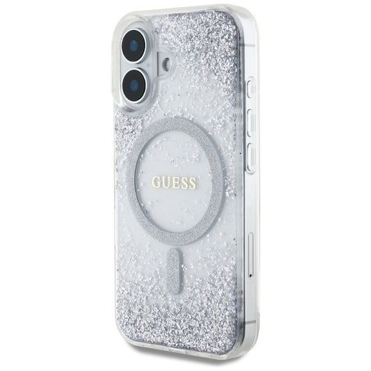 Husa MagSafe pentru Apple iPhone 16, Guess, Resin Gradient Glitter, Argintie