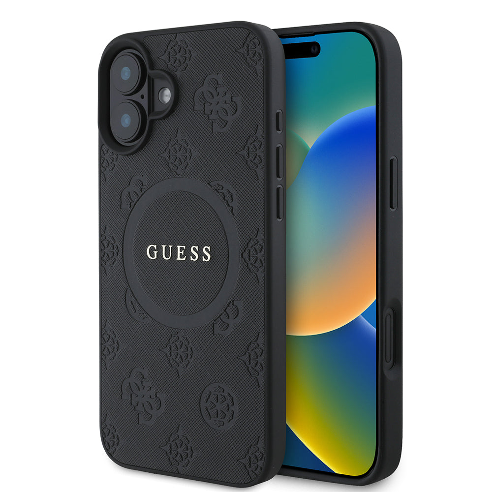 Husa MagSafe pentru Apple iPhone 16, Guess, Saffiano Peony Classic Logo, Neagra