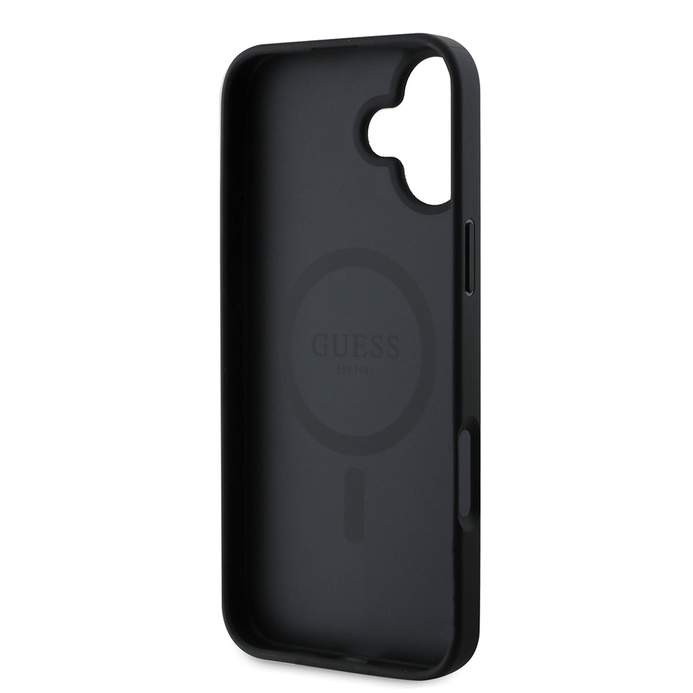 Husa MagSafe pentru Apple iPhone 16, Guess, Saffiano Peony Classic Logo, Neagra