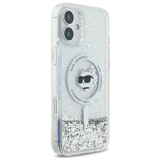 Husa MagSafe pentru Apple iPhone 16, Karl Lagerfeld, Glitter Liquid Choupette Head, Transparenta