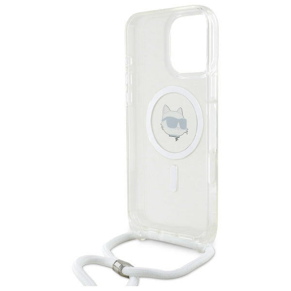 Husa MagSafe pentru Apple iPhone 16, Karl Lagerfeld, IML Crossbody Choupette's Head with Strap, Transparenta
