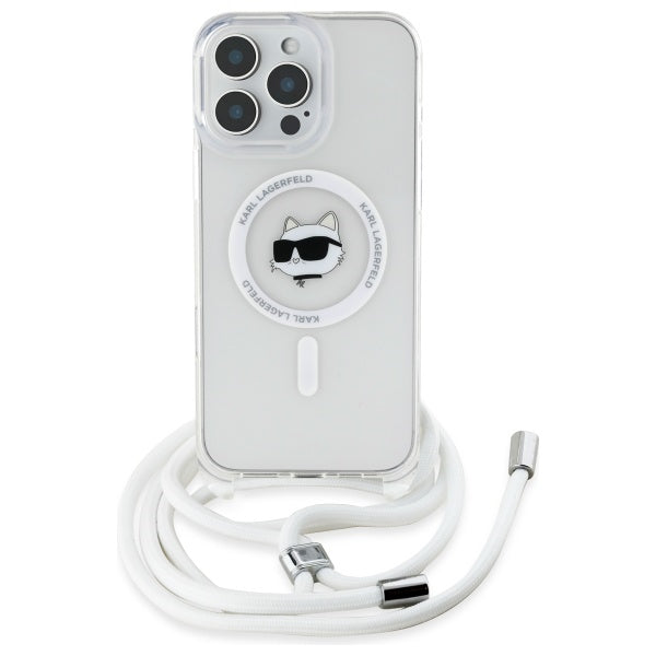 Husa MagSafe pentru Apple iPhone 16, Karl Lagerfeld, IML Crossbody Choupette's Head with Strap, Transparenta