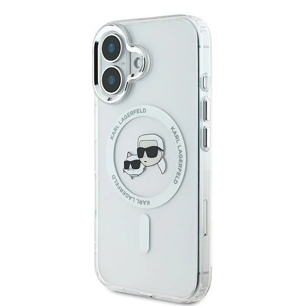 Husa MagSafe pentru Apple iPhone 16, Karl Lagerfeld, IML Metal Karl & Choupette's Heads, Alba