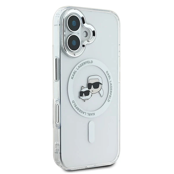 Husa MagSafe pentru Apple iPhone 16, Karl Lagerfeld, IML Metal Karl & Choupette's Heads, Alba