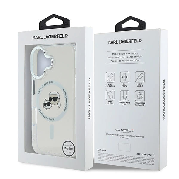 Husa MagSafe pentru Apple iPhone 16, Karl Lagerfeld, IML Metal Karl & Choupette's Heads, Alba