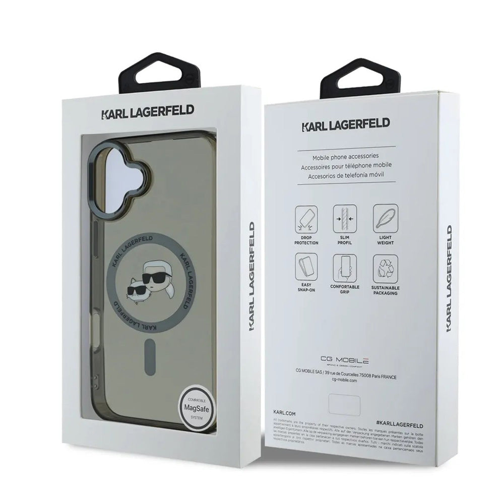 Husa MagSafe pentru Apple iPhone 16, Karl Lagerfeld, IML Metal Karl & Choupette's Heads, Neagra