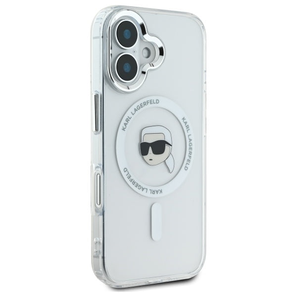 Husa MagSafe pentru Apple iPhone 16, Karl Lagerfeld, IML Metal Karl's Head, Alba