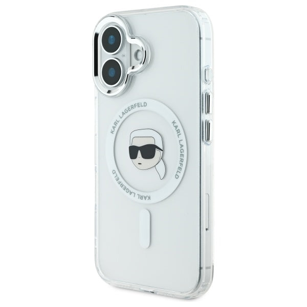 Husa MagSafe pentru Apple iPhone 16, Karl Lagerfeld, IML Metal Karl's Head, Alba