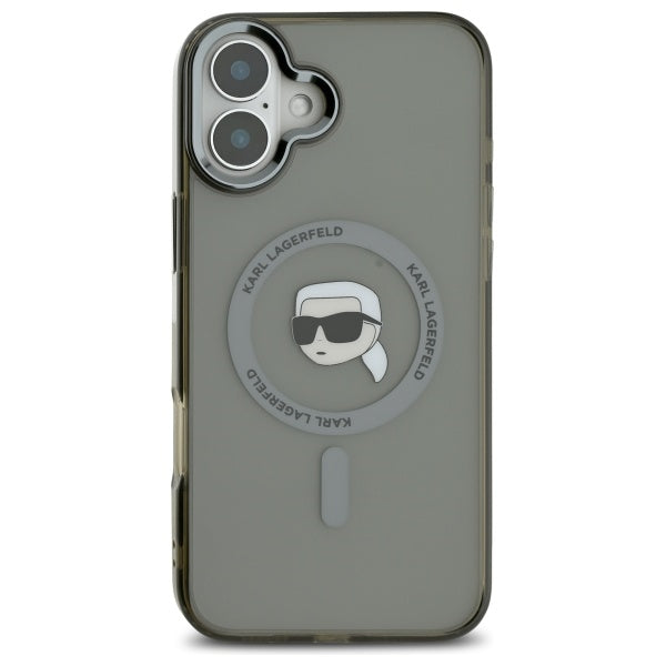 Husa MagSafe pentru Apple iPhone 16, Karl Lagerfeld, IML Metal Karl's Head, Neagra