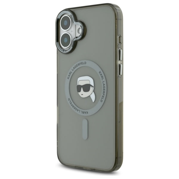 Husa MagSafe pentru Apple iPhone 16, Karl Lagerfeld, IML Metal Karl's Head, Neagra