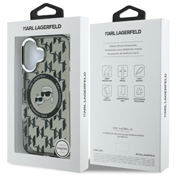 Husa MagSafe pentru Apple iPhone 16, Karl Lagerfeld, IML Monogram Karl & Choupette's Heads, Neagra