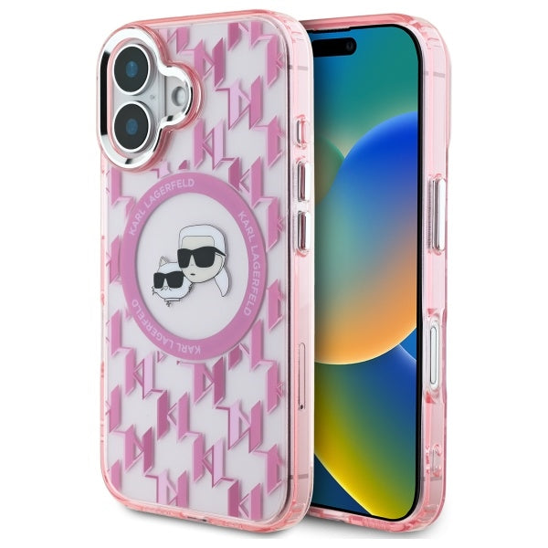 Husa MagSafe pentru Apple iPhone 16, Karl Lagerfeld, IML Monogram Karl & Choupette's Heads, Roz