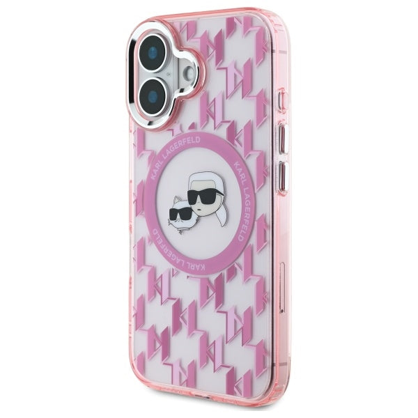 Husa MagSafe pentru Apple iPhone 16, Karl Lagerfeld, IML Monogram Karl & Choupette's Heads, Roz