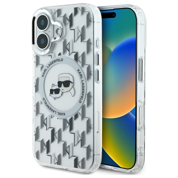 Husa MagSafe pentru Apple iPhone 16, Karl Lagerfeld, IML Monogram Karl & Choupette's Heads, Transparenta