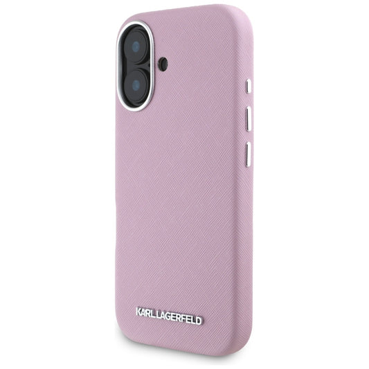 Husa MagSafe pentru Apple iPhone 16, Karl Lagerfeld, Saffiano Full Wrapped Elongated Metal Logo, Roz