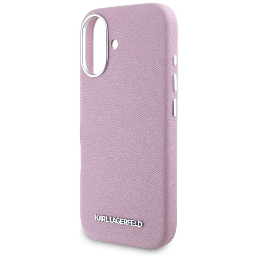 Husa MagSafe pentru Apple iPhone 16, Karl Lagerfeld, Saffiano Full Wrapped Elongated Metal Logo, Roz
