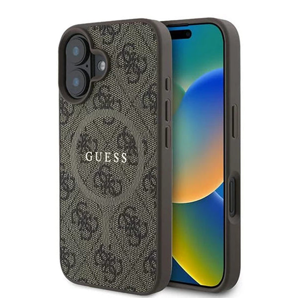 Husa MagSafe pentru Apple iPhone 16 Plus, Guess, 4G Ring Classic Logo, Maro