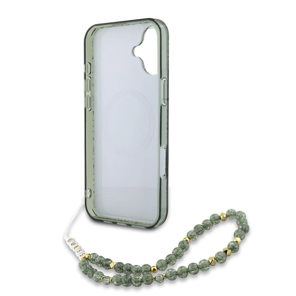 Husa MagSafe pentru Apple iPhone 16 Plus, Guess, IML Flowers Allover Electroplated with Pearl Strap, Verde