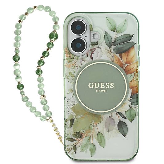Husa MagSafe pentru Apple iPhone 16 Plus, Guess, IML Flowers with Pearl Strap, Verde
