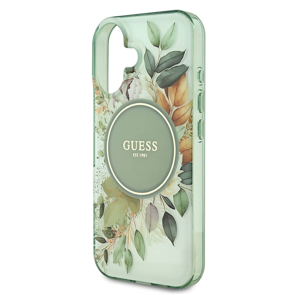 Husa MagSafe pentru Apple iPhone 16 Plus, Guess, IML Flowers with Pearl Strap, Verde