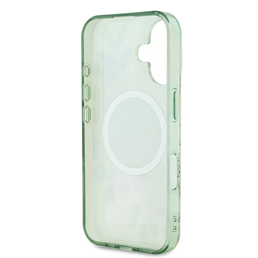 Husa MagSafe pentru Apple iPhone 16 Plus, Guess, IML Flowers with Pearl Strap, Verde