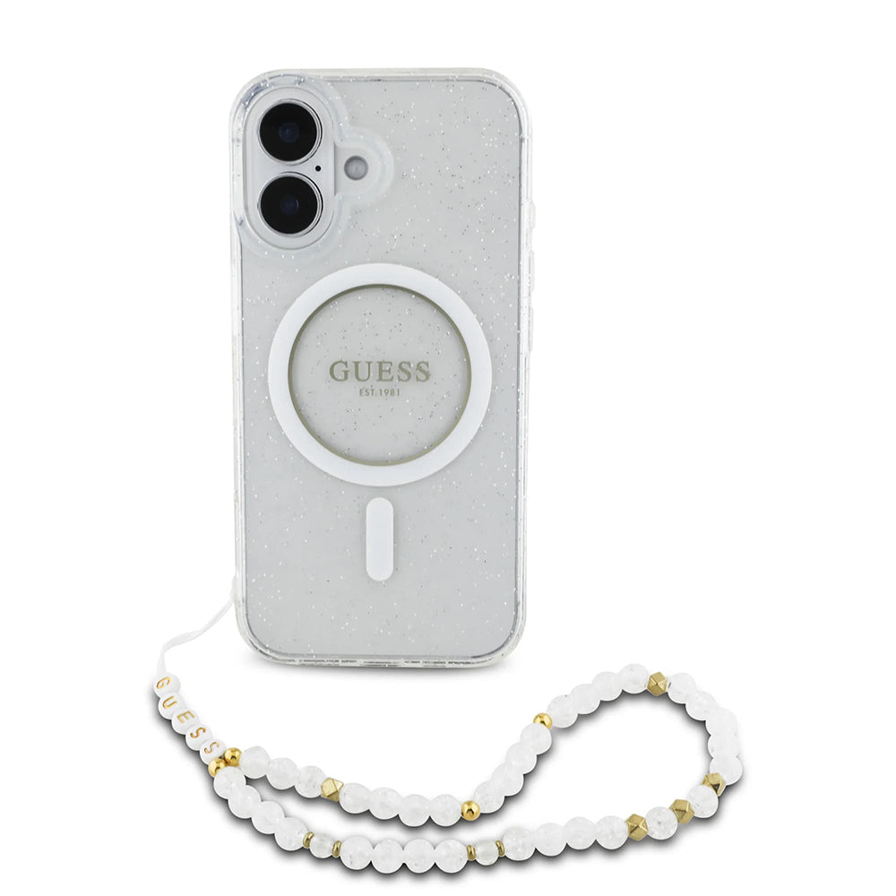 Husa MagSafe pentru Apple iPhone 16 Plus, Guess, IML Glitter with Pearl Strap, Transparenta