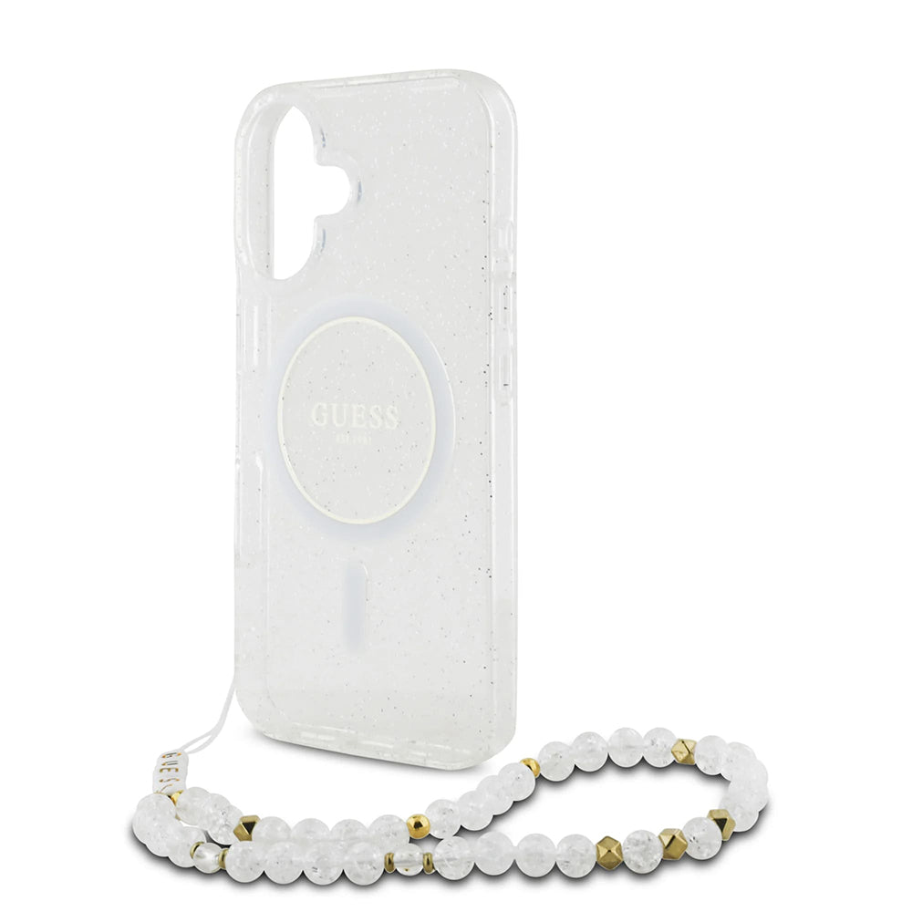 Husa MagSafe pentru Apple iPhone 16 Plus, Guess, IML Glitter with Pearl Strap, Transparenta