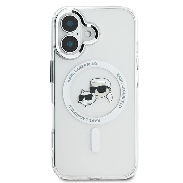 Husa MagSafe pentru Apple iPhone 16 Plus, Karl Lagerfeld, IML Metal Karl & Choupette's Heads, Alba