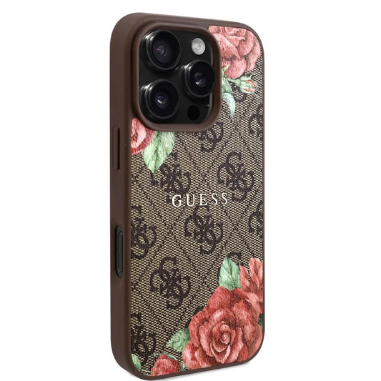 Husa MagSafe pentru Apple iPhone 16 Pro, Guess, 4G Flowers Print, Maro
