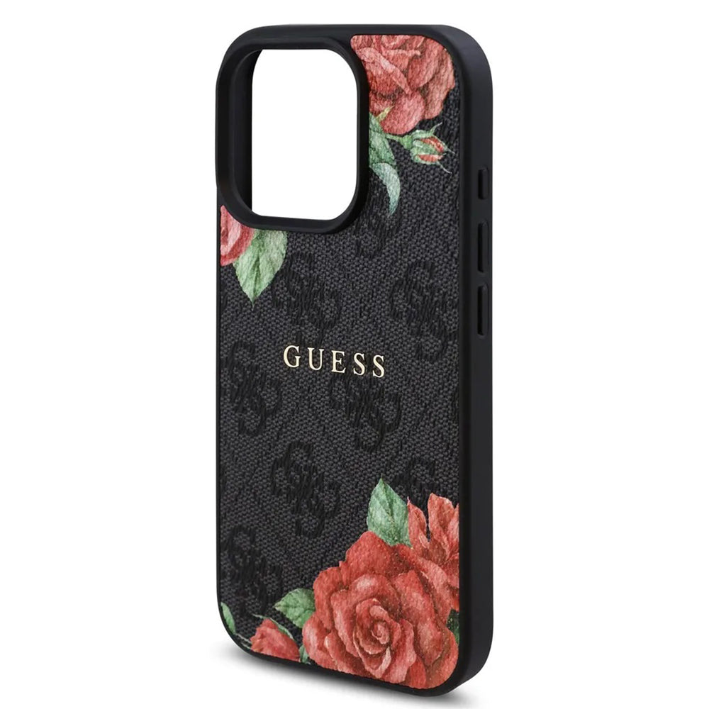 Husa MagSafe pentru Apple iPhone 16 Pro, Guess, 4G Flowers Print, Neagra