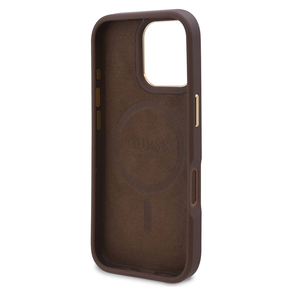 Husa MagSafe pentru Apple iPhone 16 Pro, Guess, 4G Logo Plate, Maro