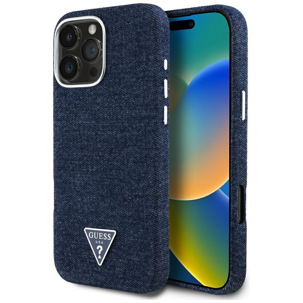 Husa MagSafe pentru Apple iPhone 16 Pro, Guess, Denim Triangle Logo, Albastra