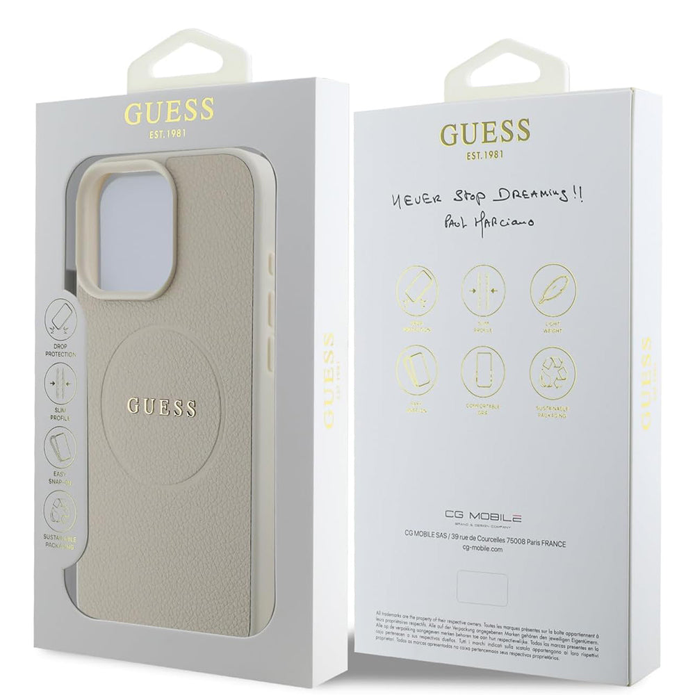 Husa MagSafe pentru Apple iPhone 16 Pro, Guess, Grained Gold Ring, Bej