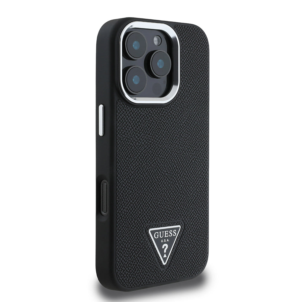 Husa MagSafe pentru Apple iPhone 16 Pro, Guess, Grained Triangle Logo, Neagra