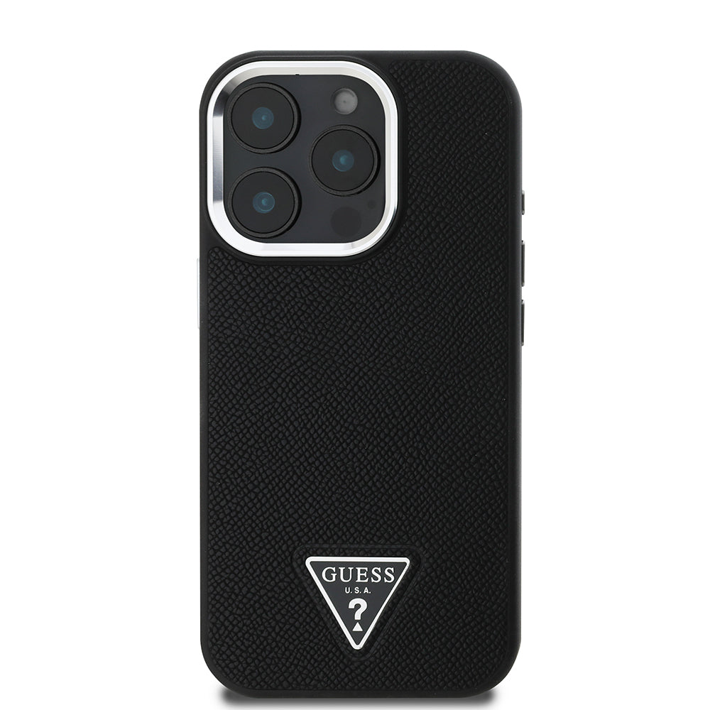 Husa MagSafe pentru Apple iPhone 16 Pro, Guess, Grained Triangle Logo, Neagra