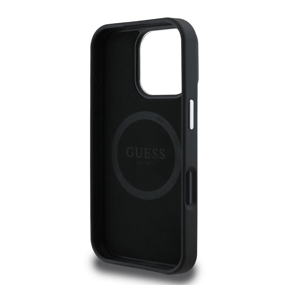 Husa MagSafe pentru Apple iPhone 16 Pro, Guess, Grained Triangle Logo, Neagra