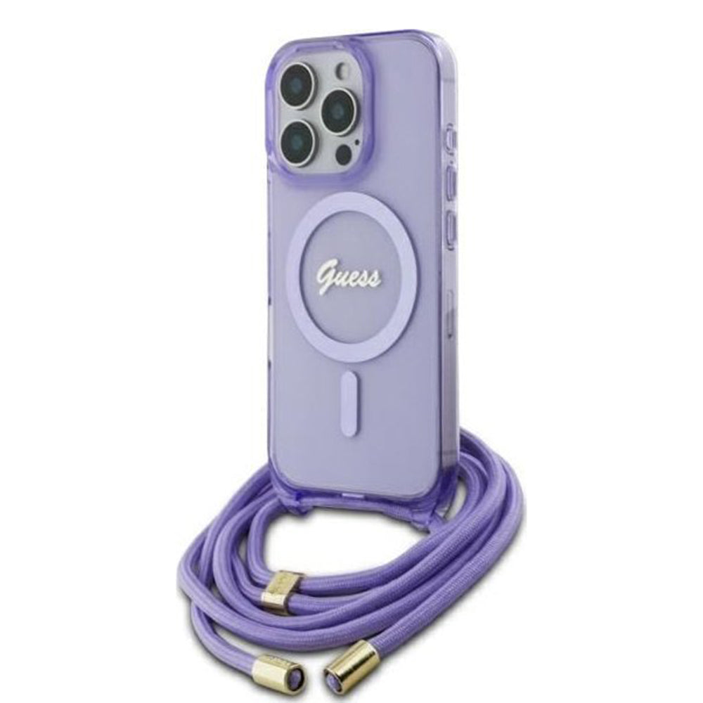 Husa MagSafe pentru Apple iPhone 16 Pro, Guess, IML Crossbody Cord Script, Mov